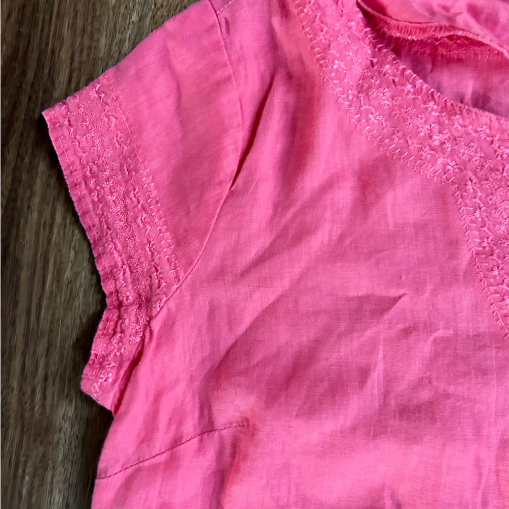 SAINT TROPEZ 100% Linen Embroidered Notch Neck Short Sleeve Top Casual Pink Sz M - Picture 4 of 16